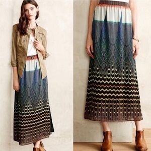 Anthropologie Maeve Pluma Skirt Maxi Skirt Sheer Peacock Boho Print Medium